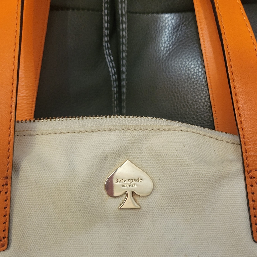 Kate Spade Tan and Green Tote with Orange Handles - Picture 5 of 5
